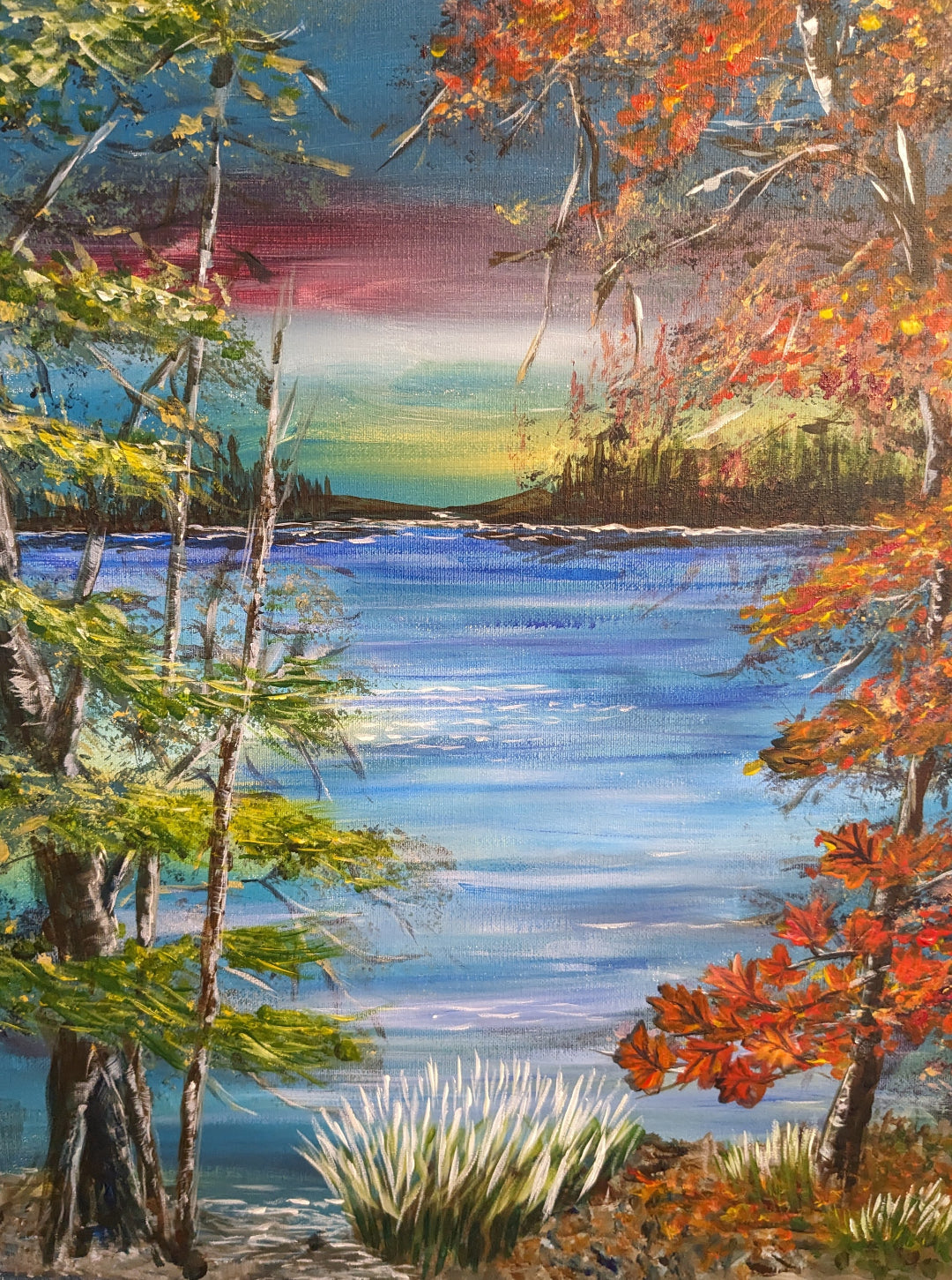 Painting of a serene landscape with trees, water, and a colorful sky.