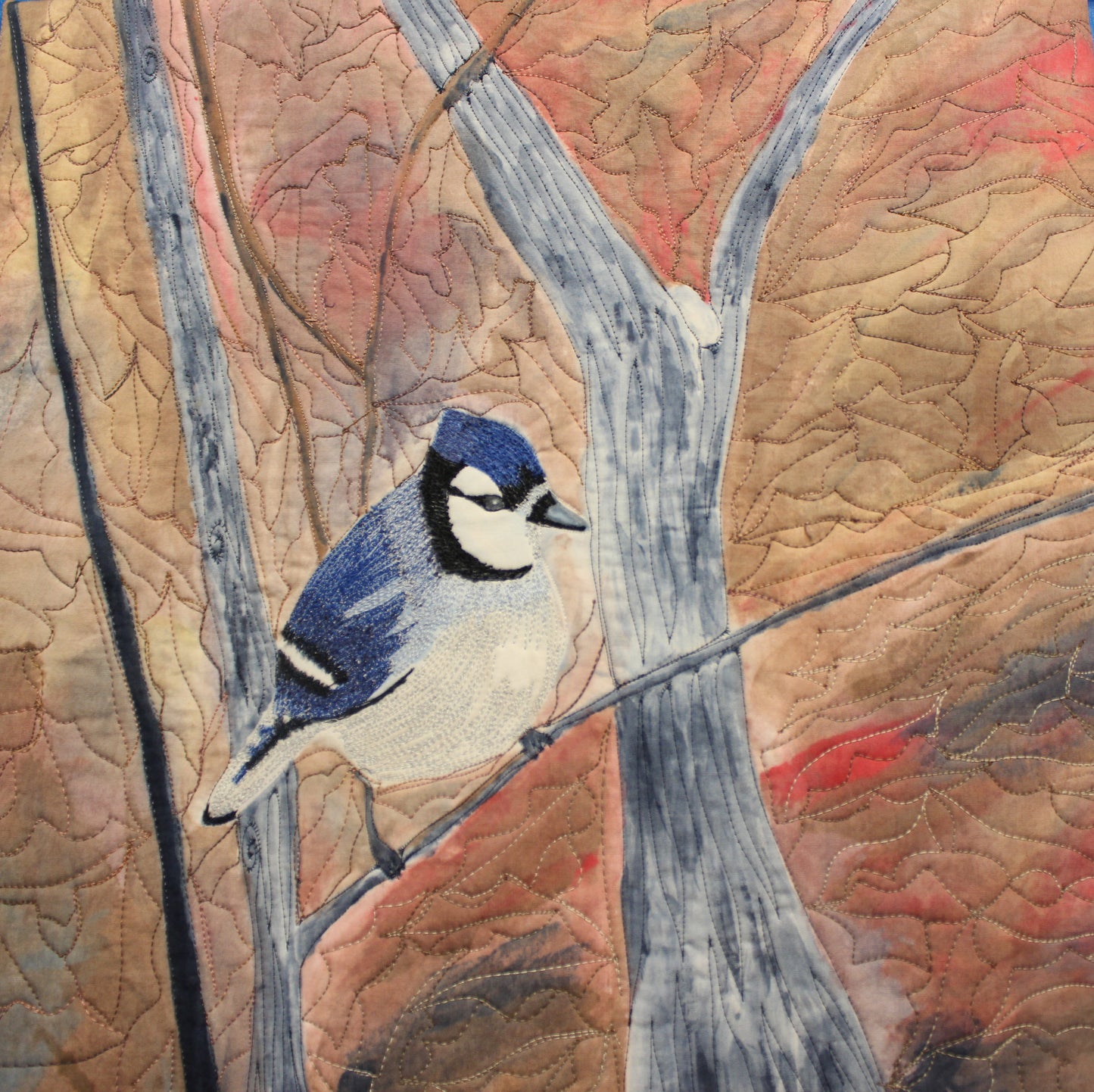 Blue Jay in Winter Art Quilt - 14" sq.