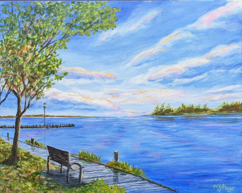 Painting of a serene lakeside scene with a bench, tree, and dock.