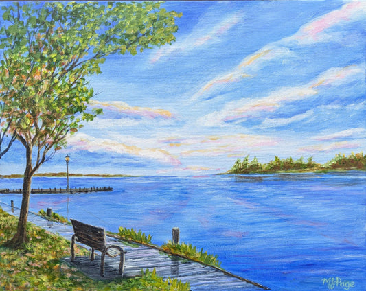 Painting of a serene lakeside scene with a bench, tree, and dock.