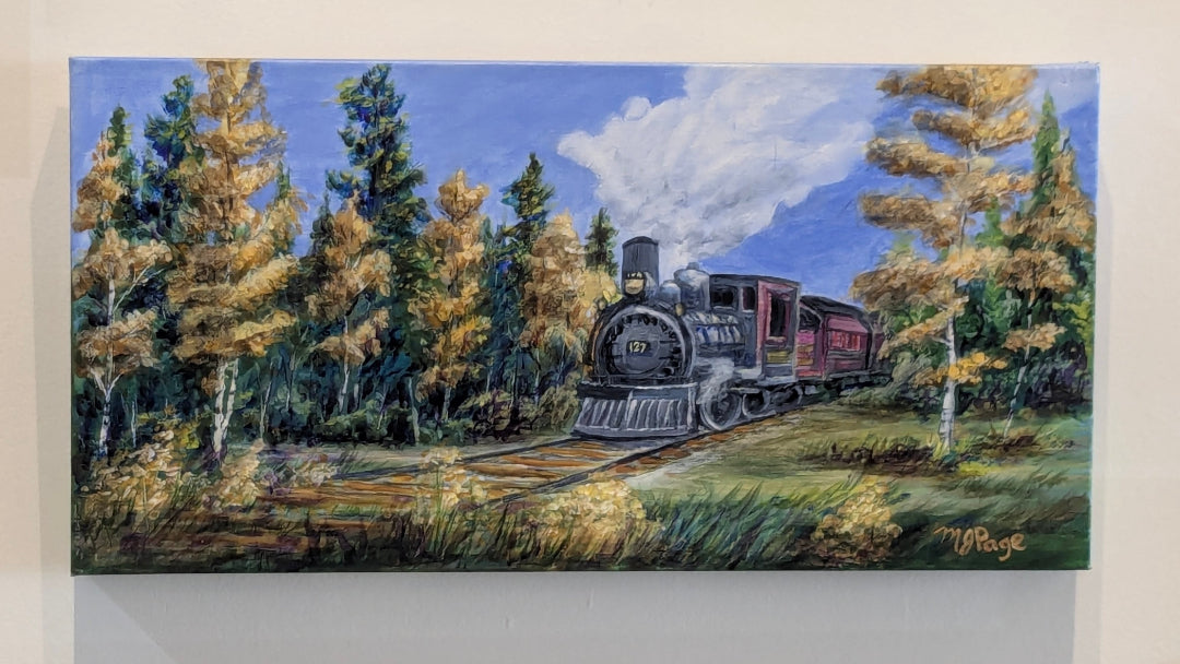 Painting of a steam train on tracks surrounded by trees