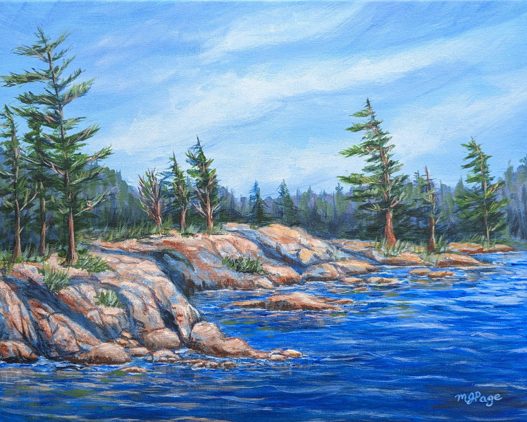 Painting of a rocky granite shoreline with pine trees and blue water