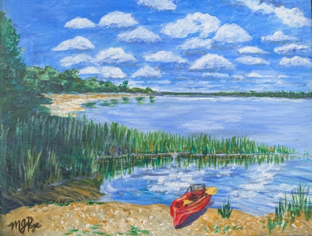 Painting of a lake scene with a red Kayak, dock, and greenery.