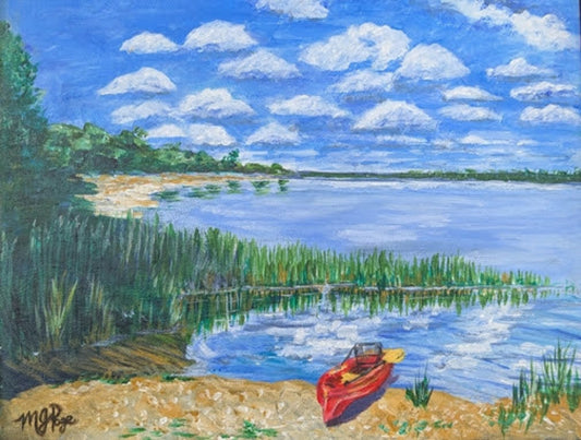Painting of a lake scene with a red Kayak, dock, and greenery.