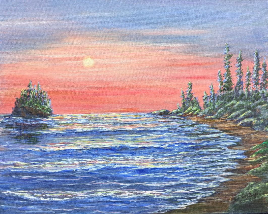 Painting of a serene landscape with water, trees, and a sunset.