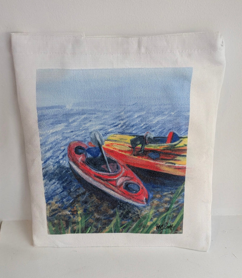 Tote bag with a painting of two kayaks on water