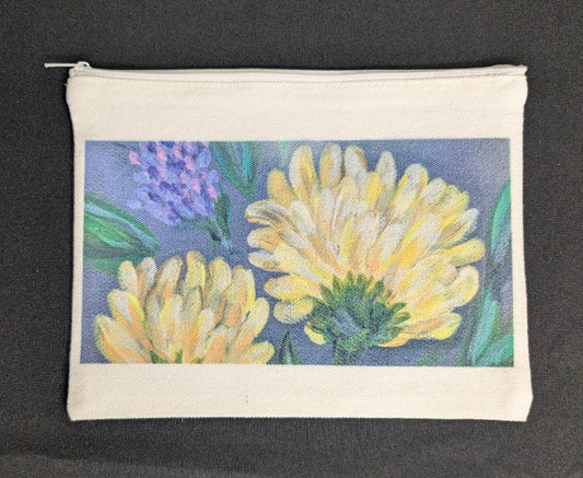 Canvas pouch with floral design on a black background
