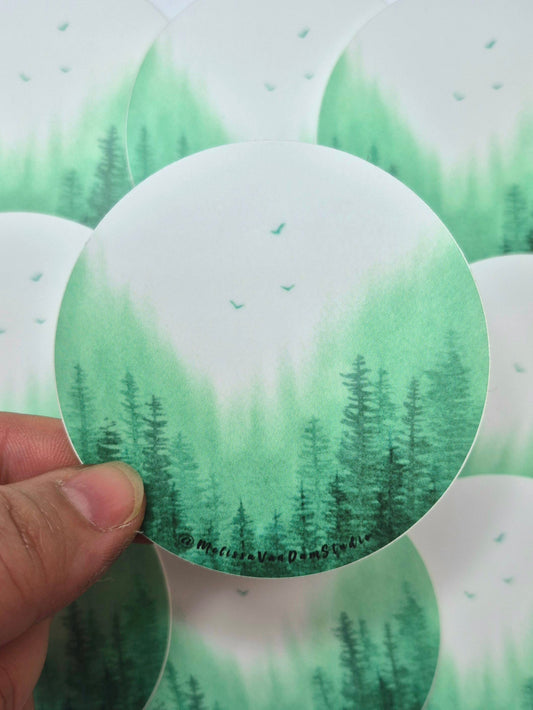 "Misty Pines" Weather Proof Circle Sticker 75mm