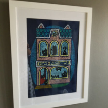 home sweet home | cat house | oil pastel illustration