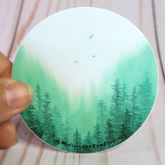 "Misty Pines" Weather Proof Circle Sticker 75mm