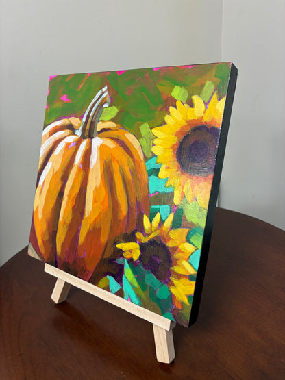 "Pumpkin with Sunflowers" Acrylic Painting