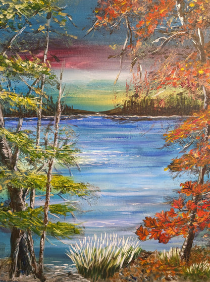 Painting of a serene landscape with trees, water, and a colorful sky.