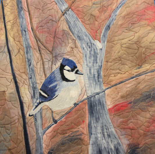 Blue Jay in Winter Art Quilt - 14" sq.