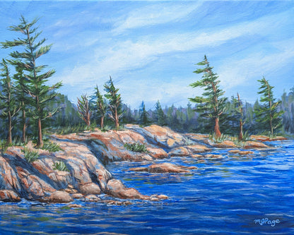 Painting of a rocky granite shoreline with pine trees and blue water