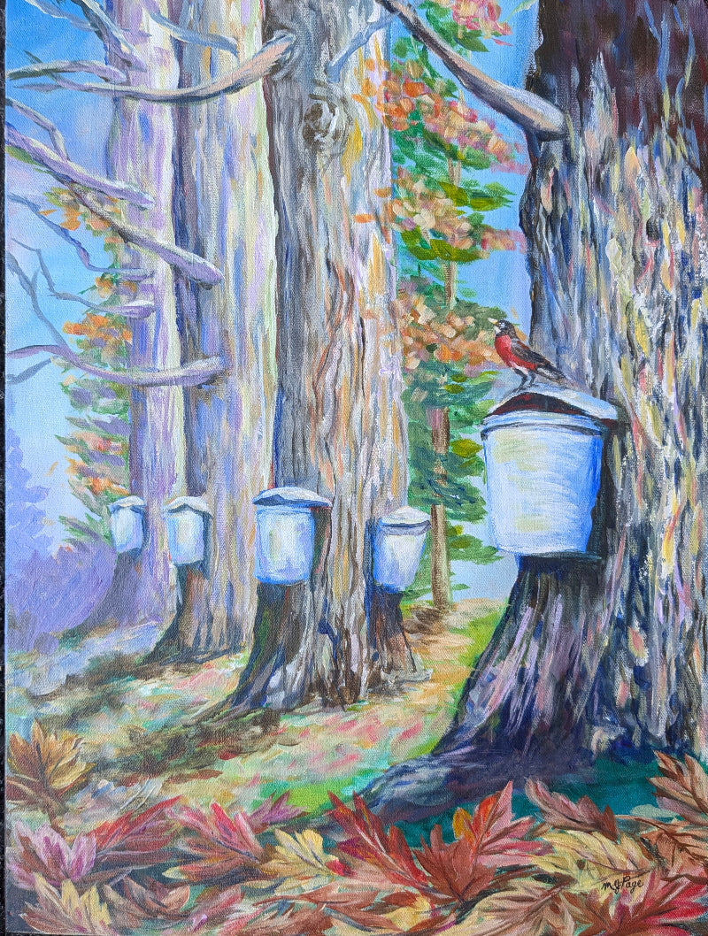 Painting of a forest scene with trees and birdhouses.