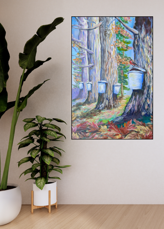 Framed painting of a forest scene with trees and hives on a wall above a plant.