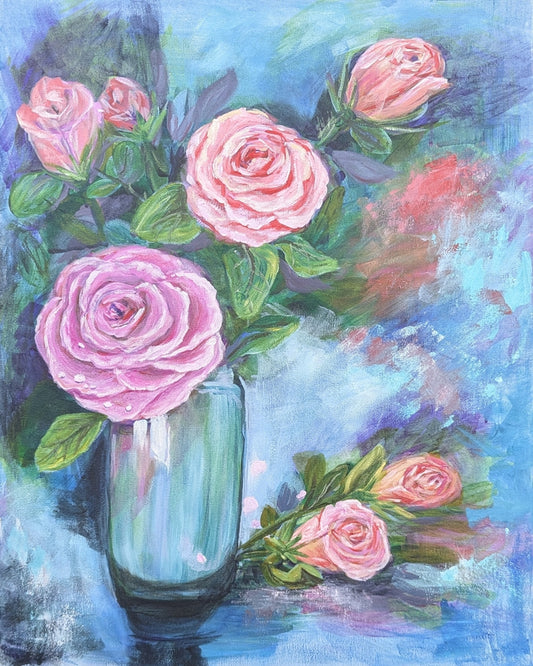Painting of pink roses in a glass vase against a colorful background
