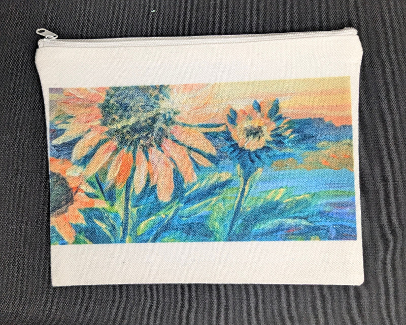 Canvas pouch with floral design on a blue background