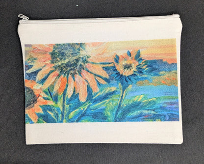 Canvas pouch with floral design on a blue background