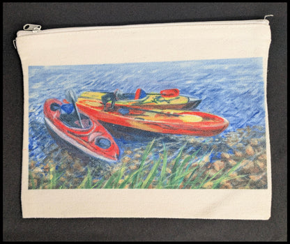 Pouch with a painting of three kayaks on water, on a black background