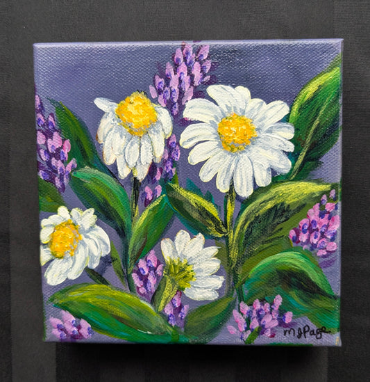 Painting of white daisies and purple flowers on a dark background