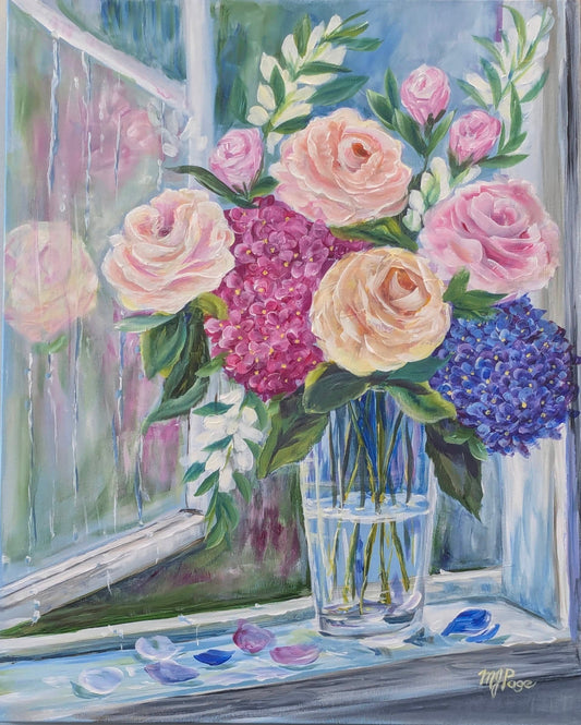 Painting of a bouquet of flowers in a vase on a windowsill.