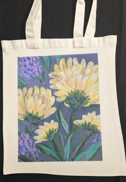 Tote bag with floral design on a dark background