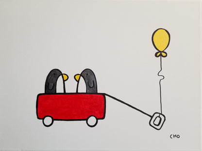 best friends | BFF penguins red wagon | 12x16