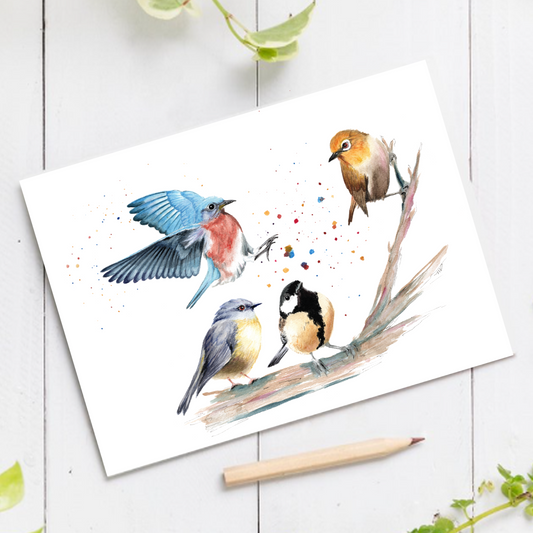 "Crashing In" birds 4.25x5.5" Blank Greeting Card with Envelope