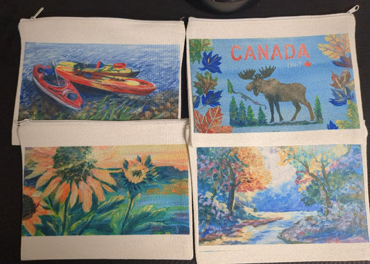 Four colorful artworks on a black background