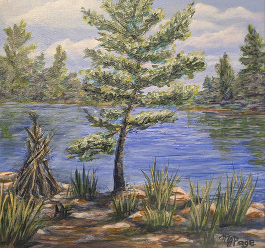Painting of a serene lakeside scene with trees and rocks.