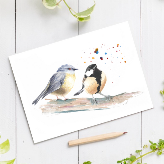 "Two Friends" birds 4.25x5.5" Blank Greeting Card with Envelope